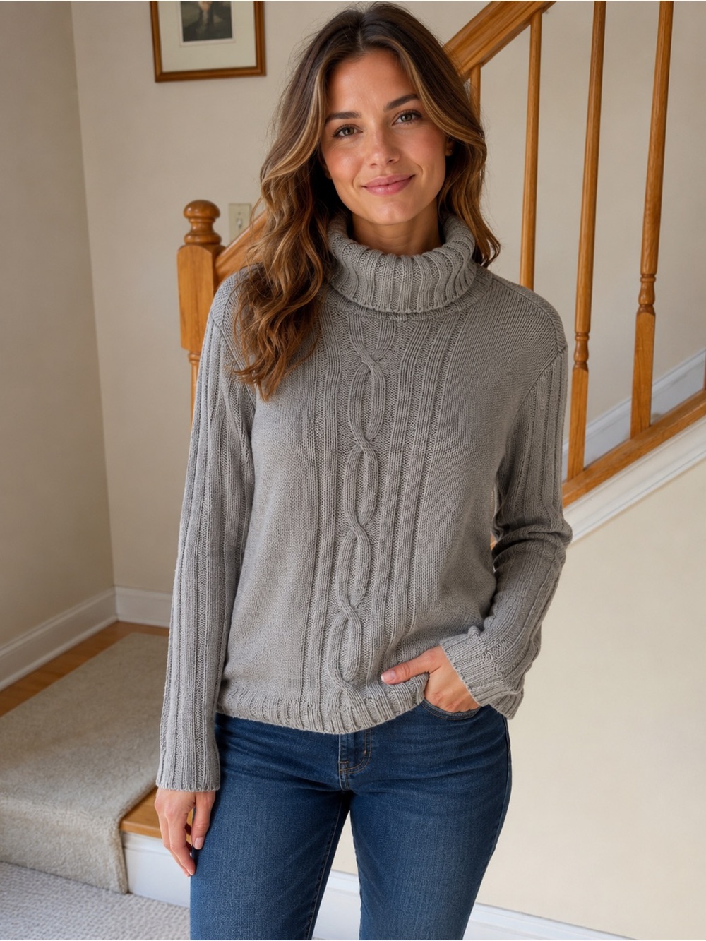 Cozy Cable Turtleneck Sweater - Gray